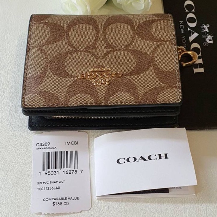 สด-ผ่อน-กระเป๋าใส่บัตร-สีน้ำตาล-ใส่แบงค์ได้-coach-c3309-snap-wallet-in-signature-canvas