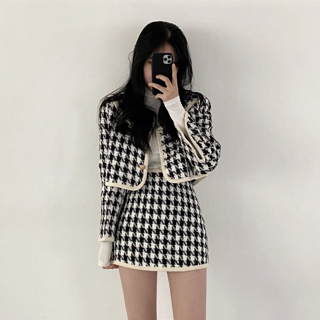 new-ชุดเช็ต-2-ชิ้น-เสื้อสูท-กระโปรงสั้น-houndstooth-ชุดเซ็ตสไตล์สาวเกาหลี