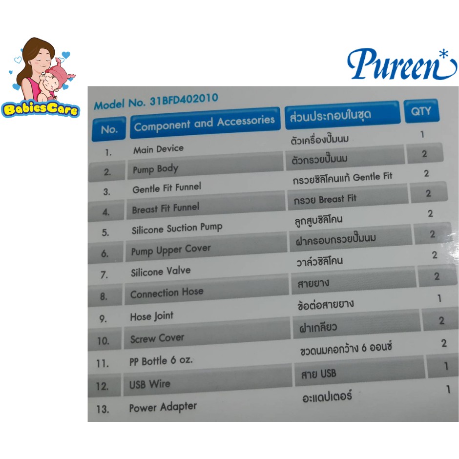 ฺbabiescare-pureen-เครื่องปั๊มนมไฟฟ้า-ปั๊มคู่-electronic-double-breast-pump-เครื่องปั๊มนมอัตโนมัติ-ปั๊มคู่-2-เต้า