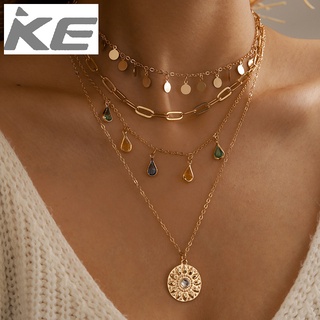 Geometric disc tassel necklace Alloy buckle rhinestone tassel bump disc pendant 4-necklace for