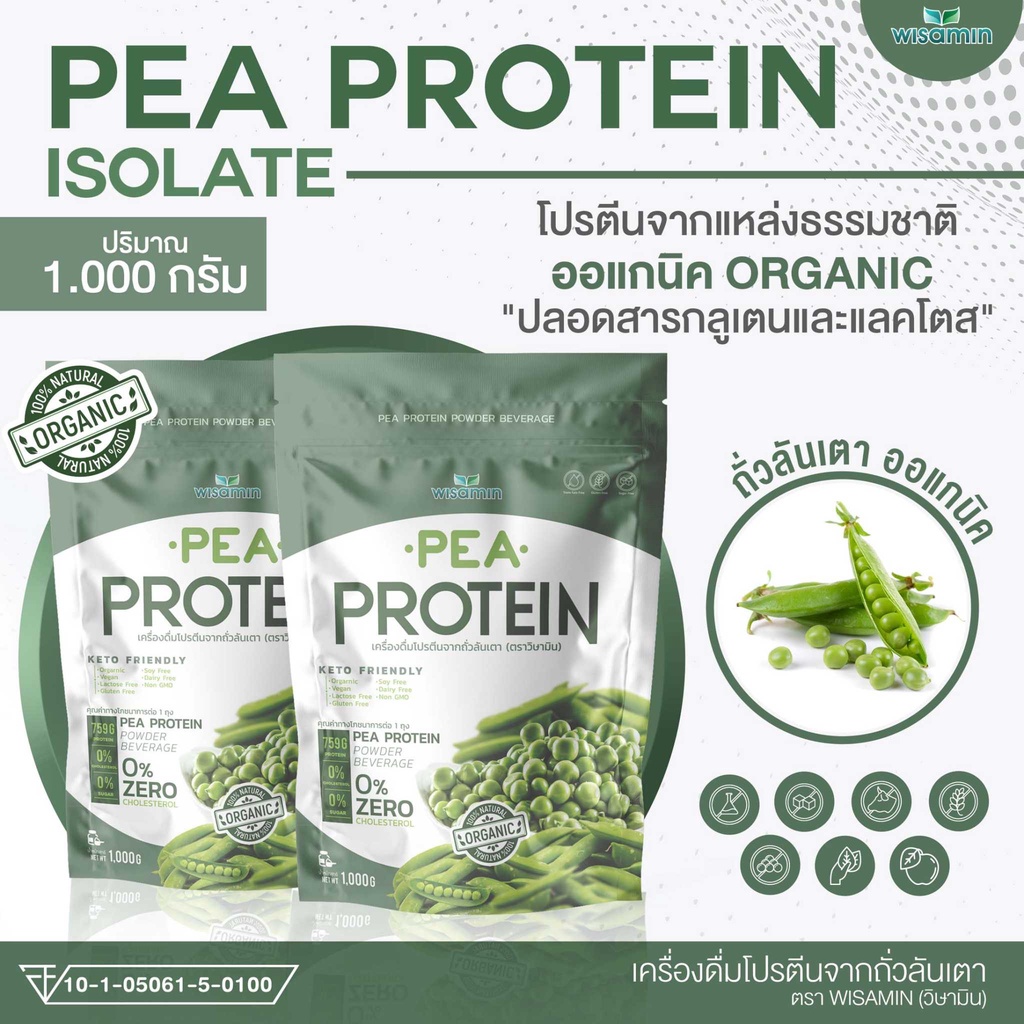 ภาพหน้าปกสินค้าPea protein isolate (พีโปรตีน ไอโซเลท) โปรตีนจากถั่วลันเตา 100% ออแกนิค ปลอด GMO ปริมาณ 1,000 กรัม ทานได้ 33 ครั้ง
