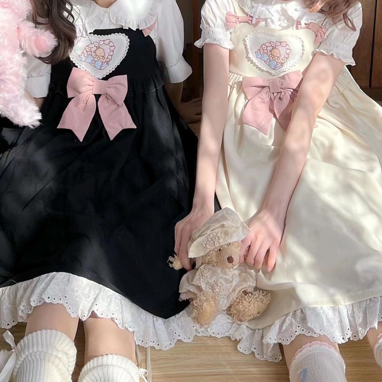 hot-sale-ชุดเดรสสายเดี่ยวปักหัวใจสาวหวานญี่ปุ่น-เสื้อคอปกตุ๊กตานักเรียนหญิง
