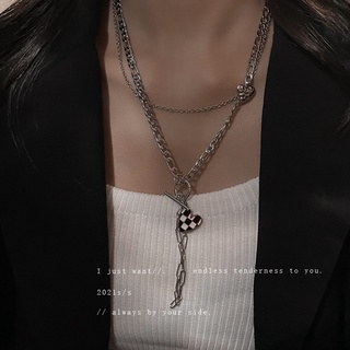 Black and white plaid love double-layer necklace Korean version of the cold wind necklace hip-hop personality necklace f