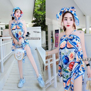 เสื้อสายเดี่ยว ผ้าโพกผม ลายกราฟฟิก สีขาว ใส่ไปทะเล CL8166 TW15318