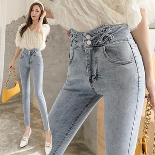 💘ยีนส์เอวสูงสกินนี่ผ้ายืดเข้ารูปเก็บทร​ กางเกงยีนส์ผู้หญิงเอวสูงยางยืดรัดรูปกางเกงขายาวรุ่นใหม่