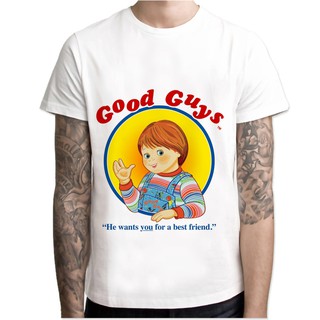 【ใหม่】เสื้อยืดพิมพ์ลายการ์ตูน Chucky สำหรับผู้ชายสีขาว