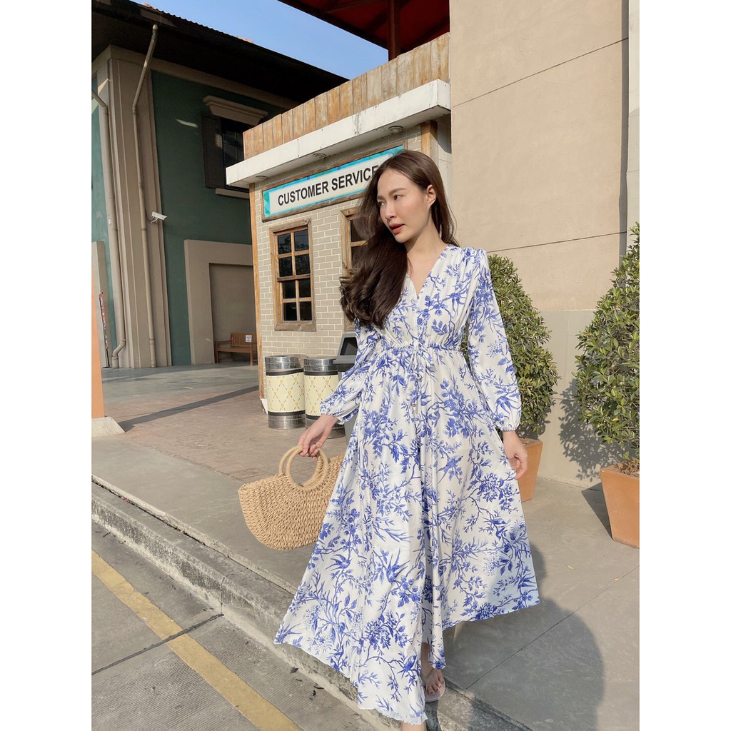 al1001-แมกซี่เดรสยาวแขนยาวคอวี-เอวรูดปรับสัดส่วนของเอวได้เอง-กระโปรงย่นรอบตัว