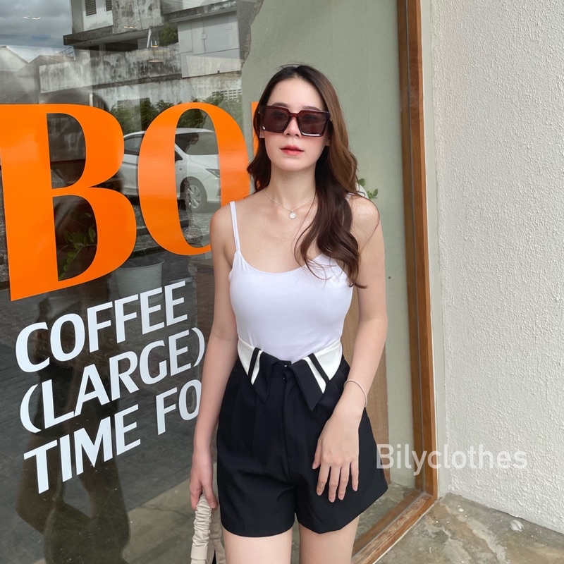 พร้อมส่ง-กางเกงขาสั้นผู้หญิง-ตะขอหน้าพับเอว-ทรงใหม่มาแรง-ผ้าเคนนี่เอวสูงเก็บพุง
