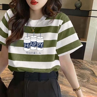 เสื้อยืดแขนสั้น ทรงหลวม ลายทาง เข้ากับทุกการแต่งกาย แฟชั่นฤดูร้อน สําหรับผู้หญิง และนักเรียน 2021