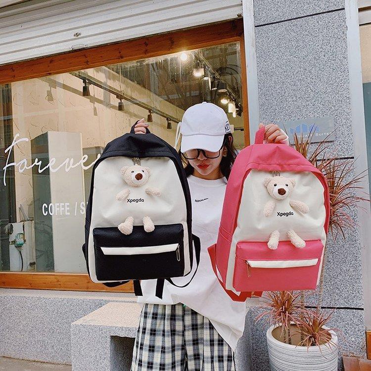 กระเป๋าแฟชั่นเกาหลีน่ารัก-hot-กระเป๋าเป้แฟชั่นเกาหลีสไตล์โรงเรียน-ผ้าแคนวาสเป้สะพายหลังหมีจี้-กันน้ำ
