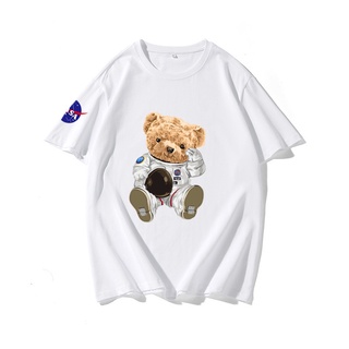 เสื้อยืดโอเวอร์ไซส์เสื้อยืดแขนสั้น ผ้าฝ้าย ทรงหลวม ลาย NASA co branded bear แฟชั่นฤดูร้อน สไตล์ยุโรป สําหรับผู้ชาย และผู