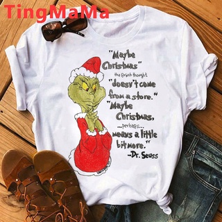 เสื้อยืดผ้าฝ้าย Grinch เสื้อยืดลําลองสําหรับสตรีแขนสั้นพิมพ์ลายกราฟฟิค Grinch Christmas Gift สไตล์ฮาราจุกุ Kawaii 2022