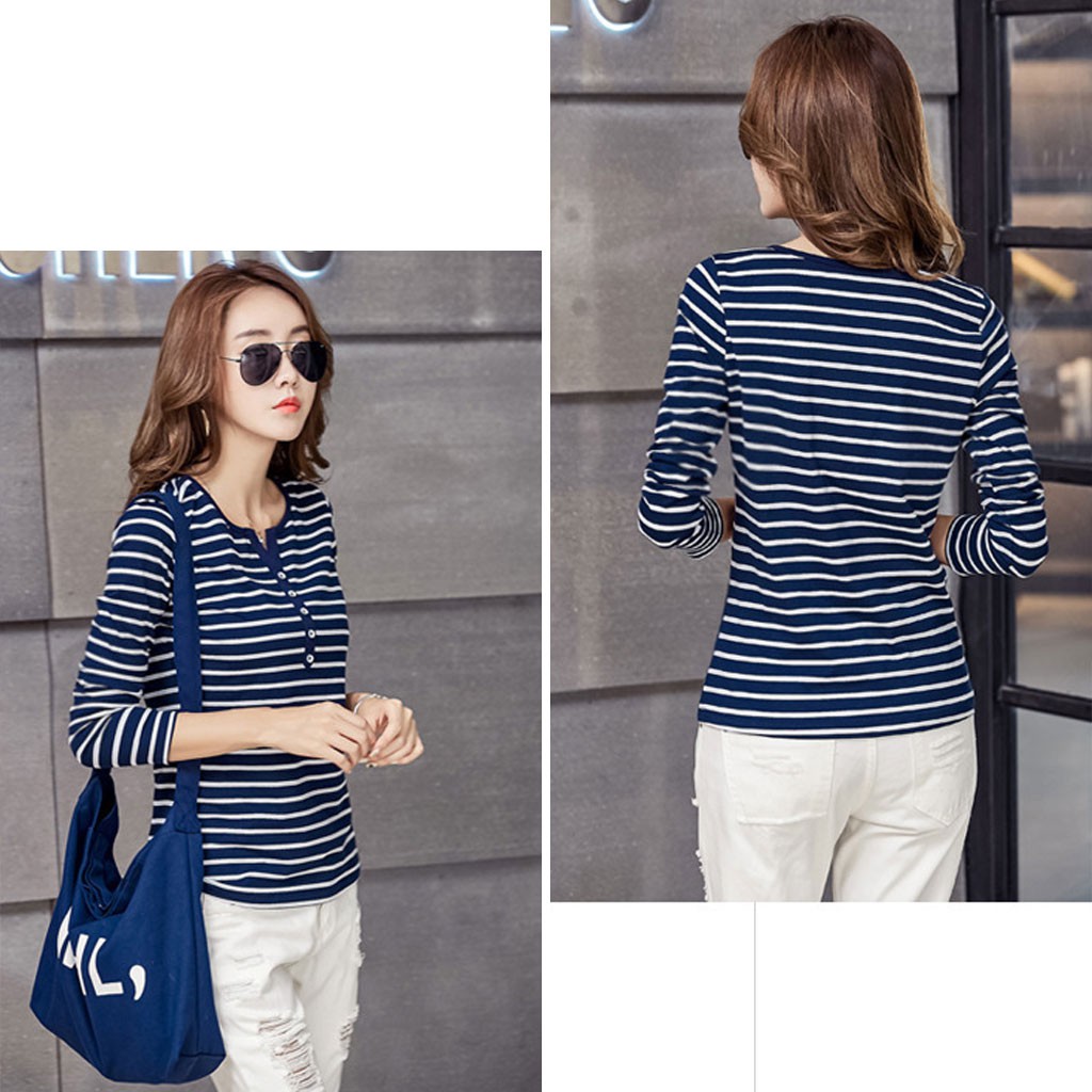 เสื้อยืดแขนยาว-คอล่องวี-ลายขวาง-สีน้ำเงิน-รหัส-flo9304