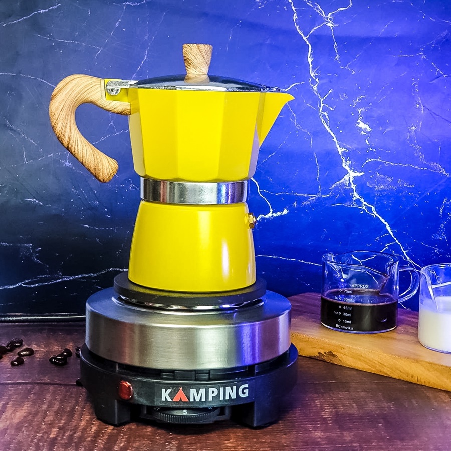 kamping-เตาไฟฟ้า-และ-หม้อต้มกาแฟ-สีเหลือง-150-ml-moka-pot-หม้ออลูมิเนียม-แปดเหลี่ยม-เครื่องชงกาแฟ-หม้อกาแฟ