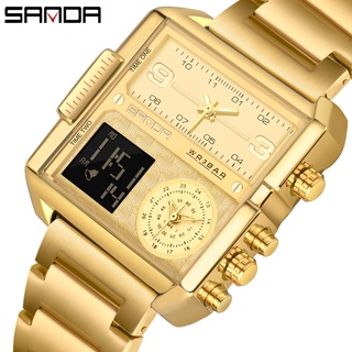 Sanda นาฬิกาข้อมือควอทซ์ อะนาล็อก ดิจิทัล สายสแตนเลส เรืองแสง กันน้ํา สไตล์สปอร์ต หรูหรา สําหรับผู้ชาย