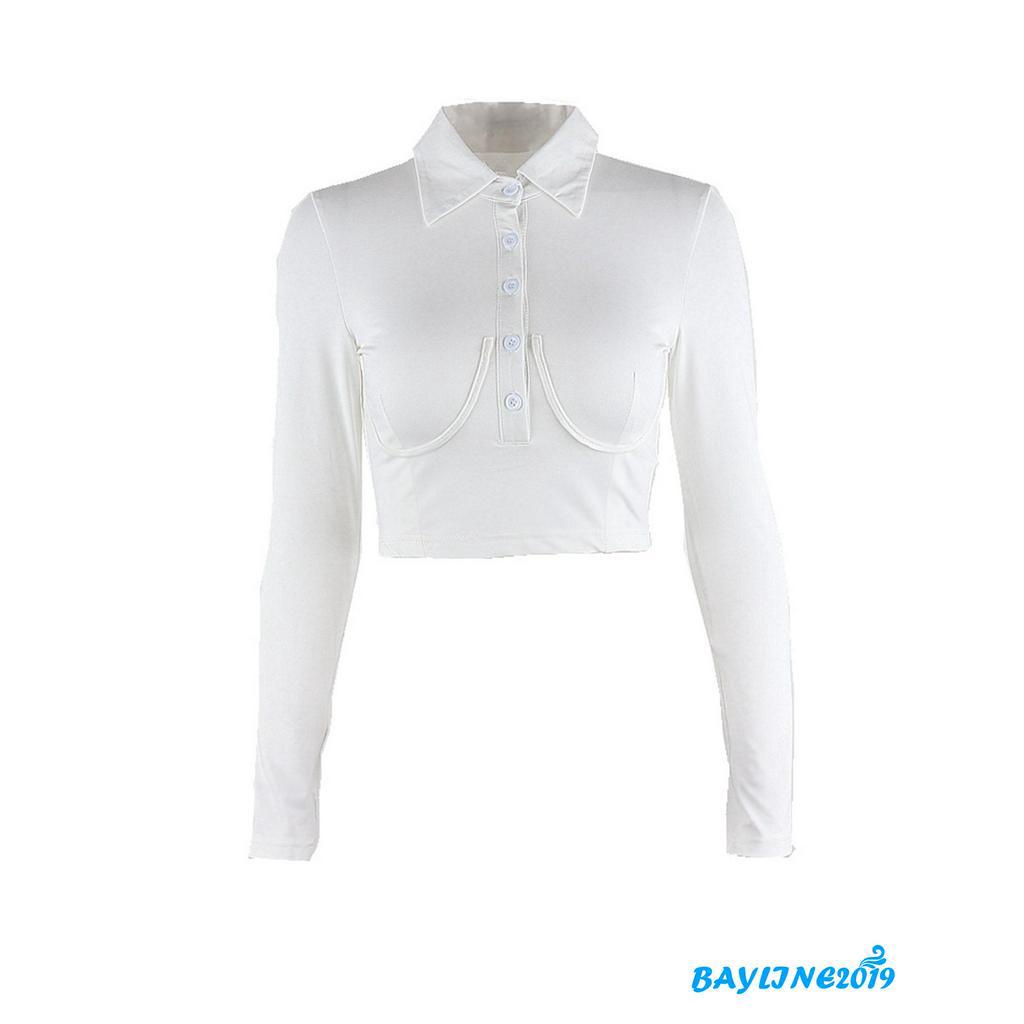 bay-เสื้อครอปแขนยาวสีพื้นสําหรับผู้หญิง