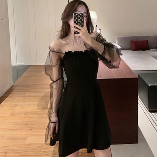 Beryl🌻เดรสแขนพัฟผู้หญิงสไตล์ใหม่นางฟ้าเอวเซ็กซี่เอวบางชุดไหล่เดียว