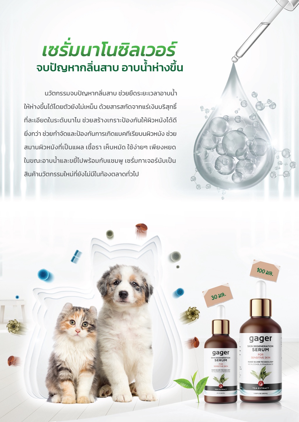 เกี่ยวกับสินค้า Gager (กาเจอร์) Nano Silver Serum เซรั่มนาโนซิลเวอร์ ลดกลิ่นสาบสุนัขและแมว (30ml.)