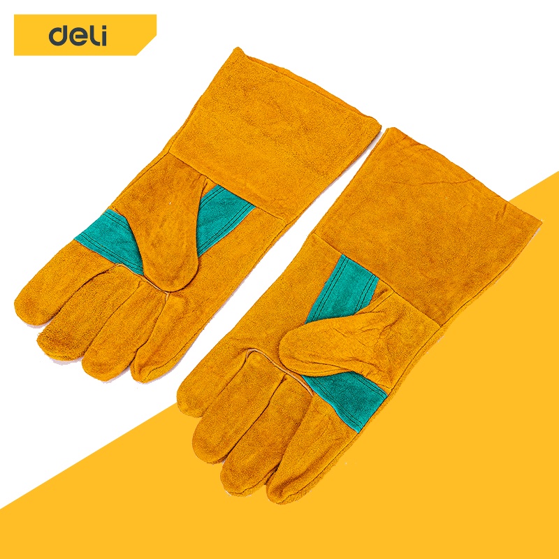 deli-ถุงมือหนังงานเชื่อม-ป้องกันความร้อน-สีน้ำตาลเหลือง
