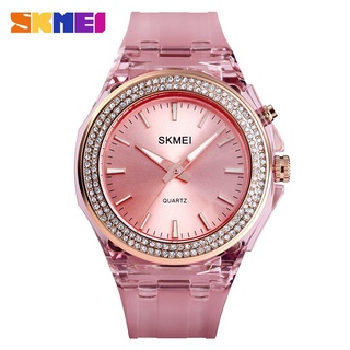 SKMEI Fashion Quartz Women Watches 5bar Waterproof LED Backlight Rhinestone Inlaid Dial Transparent Case Strap reloj