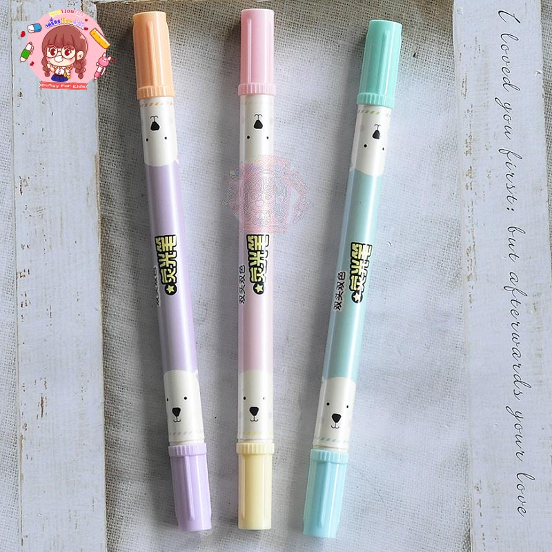 พร้อมส่ง-ปากกาเน้นข้อความ-2-หัว-ลายหมีน่ารักๆ