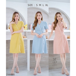 สินค้า (เช็คของก่อนโอนเงิน) {S-XL} งานป้าย Dress World ชุดเดรสทำงานสีพื้น คอวีไขว้ แต่งขอบกระดุุม เรียบหรู ดูดีไปเลยจ้า