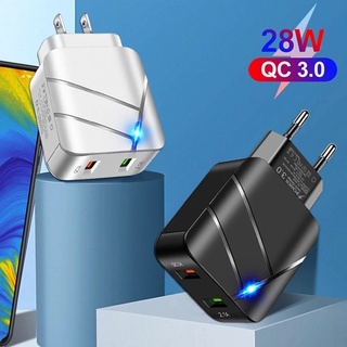 28w QC3.0 + 2.1A พอร์ต USB คู่ ชาร์จเร็ว ที่ชาร์จติดผนัง พร้อมไฟ / US ปลั๊ก EU อะแดปเตอร์ การเดินทาง หลายพอร์ต