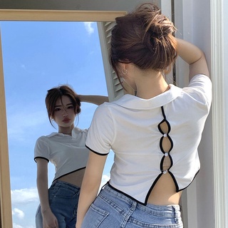 เสื้อครอป แขนสั้น ผ้าถัก ลําลอง สําหรับผู้หญิง