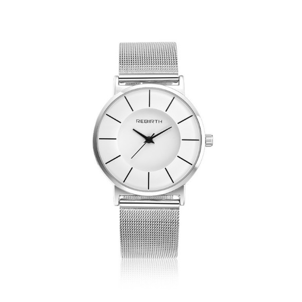 rebirthนาฬิกากันน้ำ-นาฬิกาข้อมือ-นาฬิกาแฟชั่น-ผู้หญิง-เหล็กสาน-fashion-black-dial-mesh-strap-women-watch-silver
