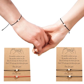 2 ชิ้น / เซต วันวาเลนไทน์ หัวใจจิ๋ว เข็มทิศ สร้อยข้อมือ เสน่ห์ สําหรับคู่รัก / การ์ดอวยพร สีแดง สีดํา เชือกถัก สร้อยข้อมือ สําหรับผู้ชาย ผู้หญิง