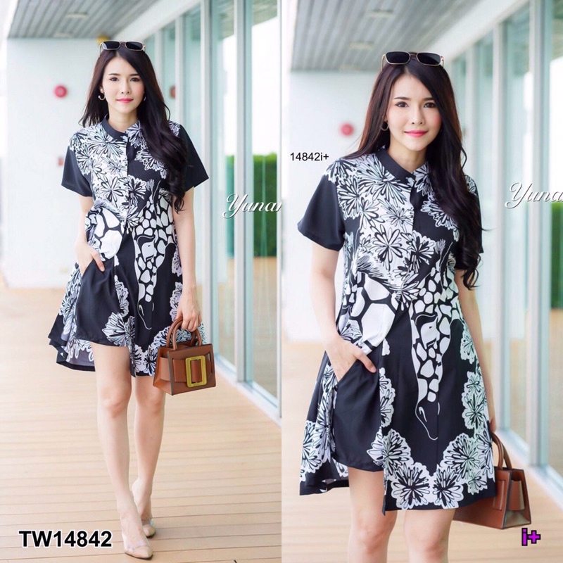 tw14842-set-2-ชิ้น-เสื้อเชิ้ตตัวยาว-คอจีน-แขนสั้น-ผ้าไหมญี่ปุ่นพิมพ์ลายยีราฟ-กางเกงขาสั้น-กางเกงมีซับใน-มีกระเป๋าข้าง