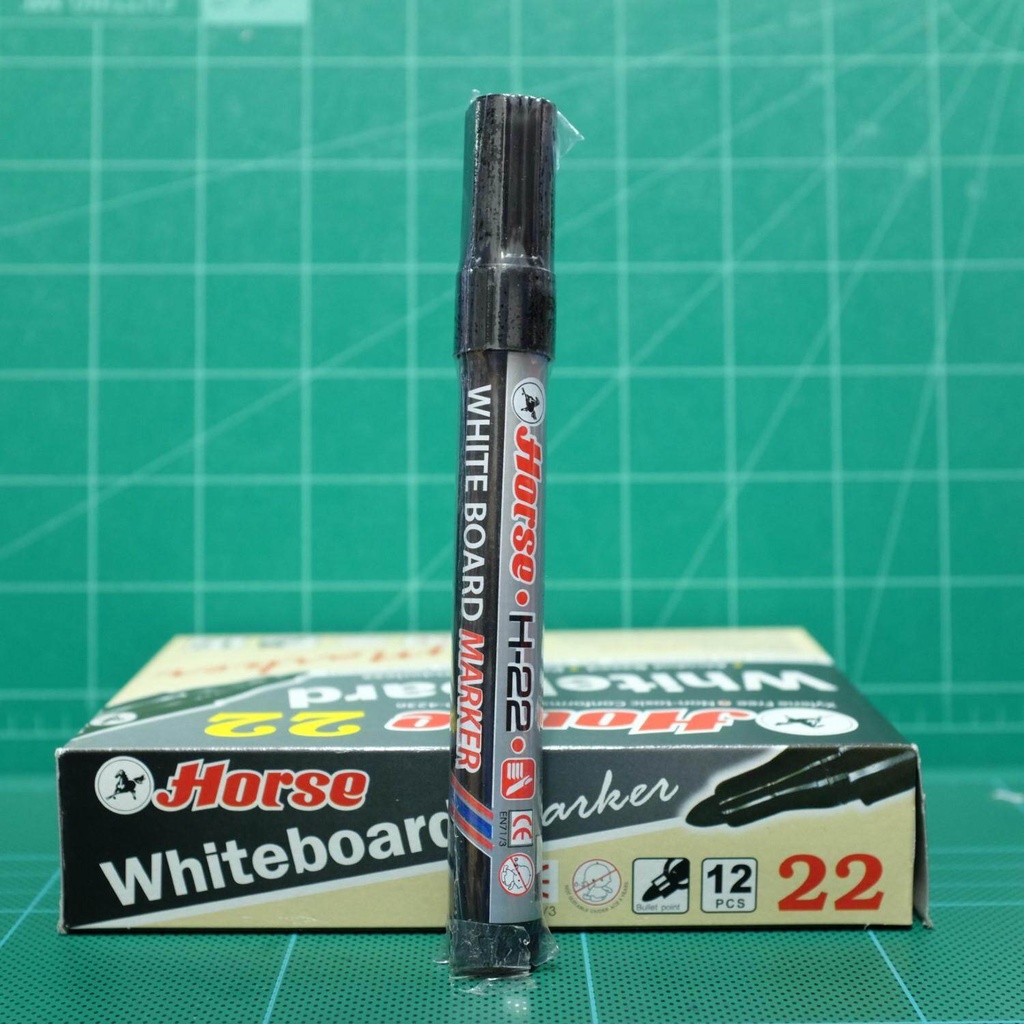 ปากกาไวท์บอร์ดตราม้า-horse-whiteboard-marker-h-22-หมึกสีดำ-1กล่อง-12ด้าม-ขนาดหัวปากกา-2-มม-non-permanent