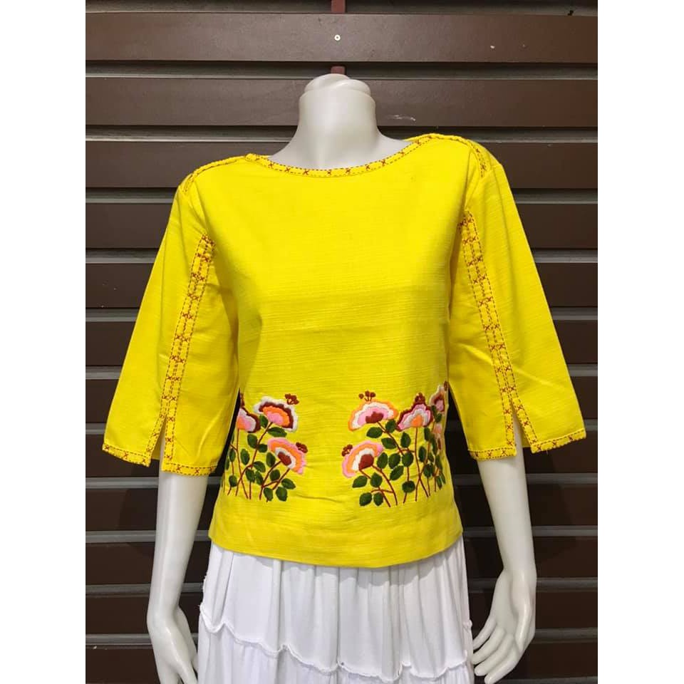 เสื้อผ้าฝ้ายแต่งปักดอกไม้-แขนสี่ส่วน-สวมหัว-มีไซส์ใหญ่