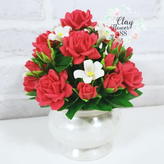 ดอกกุหลาบแดง จัดทรงพุ่ม สูง 6 นิ้ว งานปั้น ดอกไม้ ไหว้พระ บูชาพระ ประดิษฐ์ จาก ดินไทย กระถางเซรามิกมุก