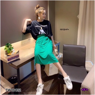 TW10132 Set 2 ชิ้น เสื้อยืดทรงโอเวอร์ไซส์ กรันลายการ์ตูน เนื้อผ้าคอตตอน + กระโปรงผ้าล่องยืด เอวยืดสม้อค มีสายผูกเอว
