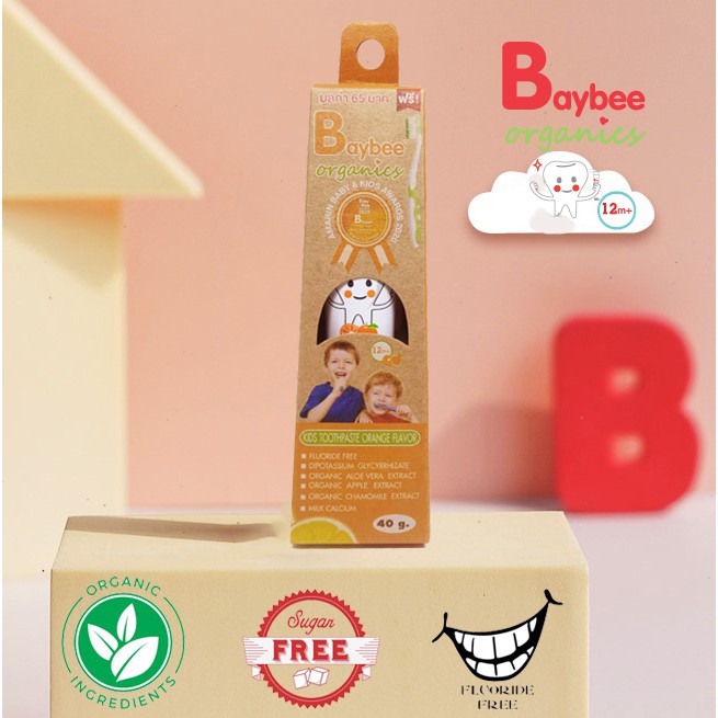 baybee-ยาสีฟันเด็กกลิ่นส้มออร์แกนิค40g-ปราศจากฟลูออไรด์สำหรับเด็ก-1-ปีขึ้นไป-3ชิ้น-แถมแปรงสีฟันในทุกกล่อง