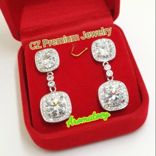 ต่างหูเพชร CZ สี่เหลี่ยมเกรดพรีเมี่ยมจิวเวลรี่ ไม่ลอกไม่ดำ Cubic Zirconia แพ้ง่ายใส่ได้ ใส่ออกงาน มอบของขวัญได้