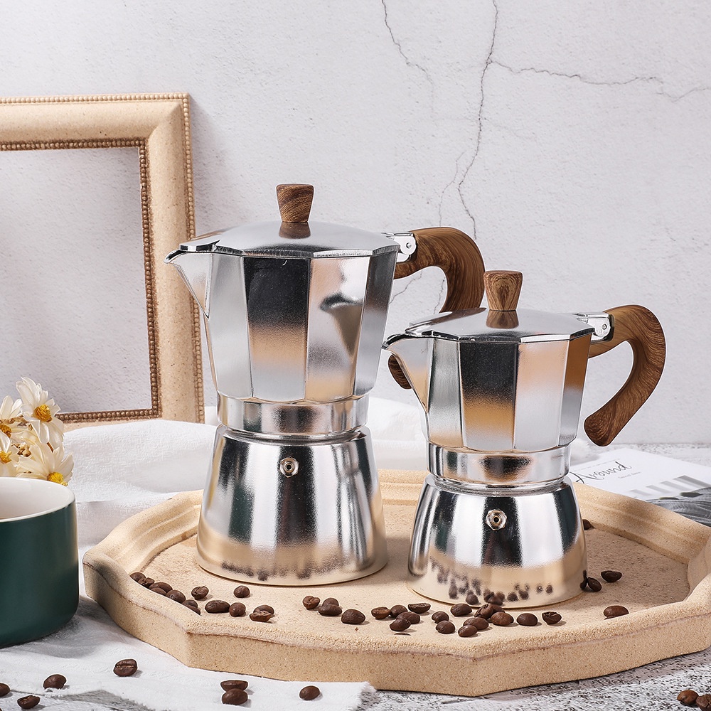 moka-pot-หม้อกาแฟแบบพกพา-หม้อกาแฟแปดเหลี่ยมด้ามไม้