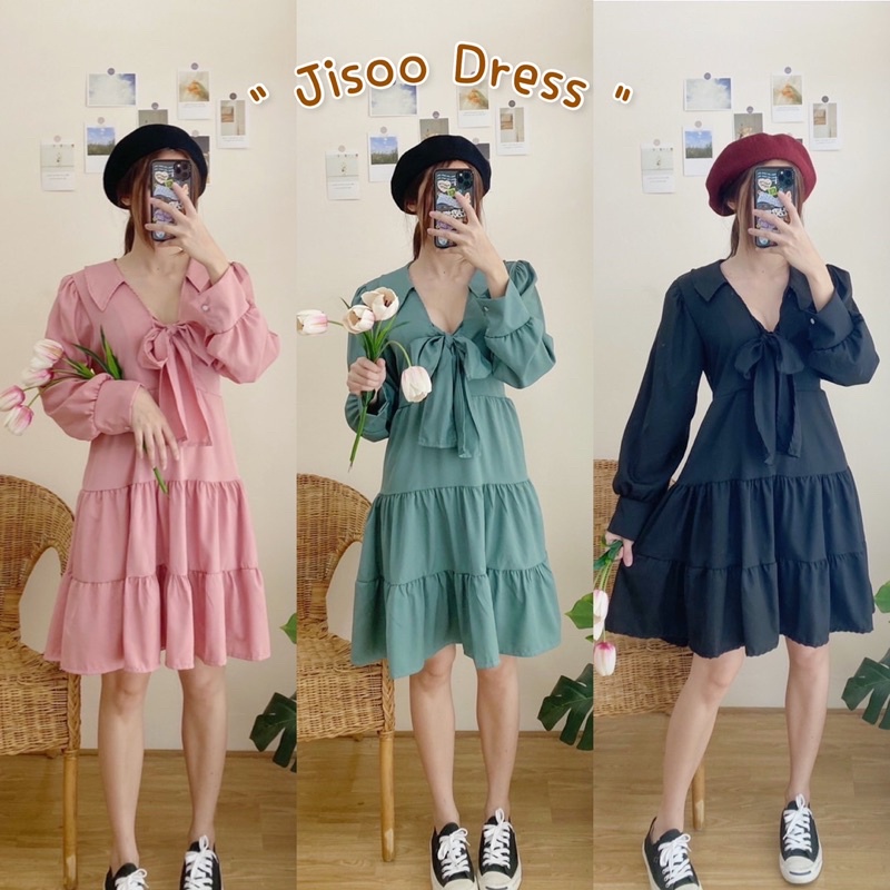 jisoo-dress-เดรสแขนยาวขนมชั้น-คอวีลึก-ผูกโบว์ที่หน้าอก