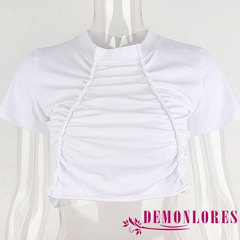 demonlorest-เสื้อครอปท็อป-คอตั้ง-แขนสั้น-สีพื้น-สําหรับผู้หญิง