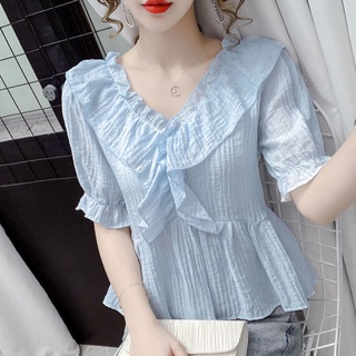 ▨❀❡ฤดูร้อน 2021 ใหม่ภาษาฝรั่งเศสคำ V คอ ruffled ฟองแขนสั้นเสื้อสุภาพสตรีทุกการแข่งขันแฟชั่นอารมณ์ top women