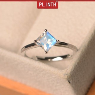 PLINTH แหวนเงินแท้ 925 เหลี่ยม Princess Moonstone แบบคลาสสิกหมั้นง่าย792