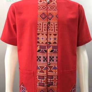 เสื้อผ้าฝ้ายพิมพ์ลายชายคอจีน-สีแดง