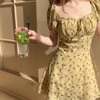 🔥Hot Sale/French Puff Sleeve Dress First Love Sweet Small Skirt Female Waist Chiffon Floral Skirt Gentle Wind