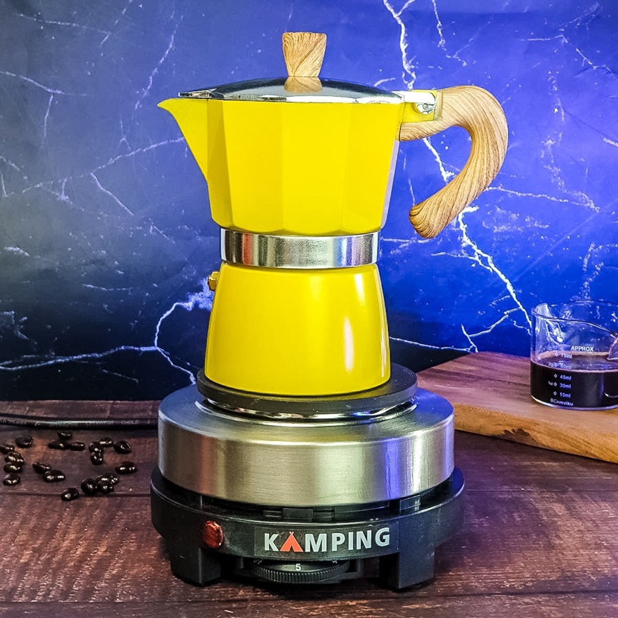 kamping-เตาไฟฟ้า-และ-หม้อต้มกาแฟ-สีเหลือง-150-ml-moka-pot-หม้ออลูมิเนียม-แปดเหลี่ยม-เครื่องชงกาแฟ-หม้อกาแฟ