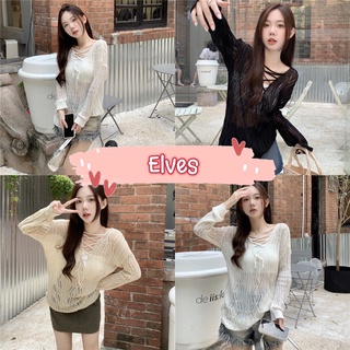 Elves✨พร้อมส่ง✨ เสื้อถักไหมพรมแขนยาว ดีเทลซีทรูเบาๆ เชือกถักเก๋ ~2119-1~