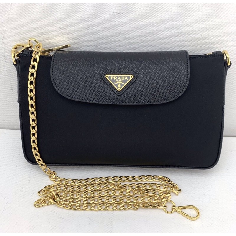 New PRADA Black Women's Tessuto Saffiano Nylon Chain Cross Body