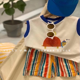 ชุดเสื้อแขนกุด กางเกงขาสั้นลําลอง แต่งหอยทาก ขนาดเล็ก สีคอนทราสต์ สไตล์เกาหลี ตะวันตก แฟชั่นฤดูร้อน สําหรับเด็กผู้ชาย