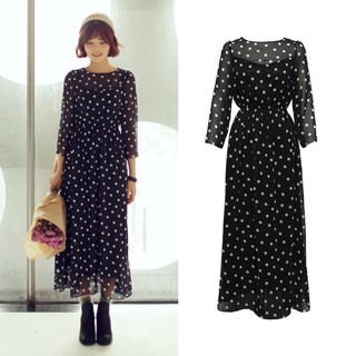 POLKA DOT DRESS เดรสยาว สีดำลายจุด สไตล์เกาหลี