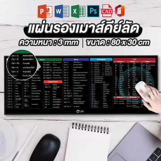 แผ่นรองเม้าส์ขนาดใหญ่-mouse-pad-แผ่นรองเม้าส์-shortcut-keys-สกรีนคีย์ลัด-โปรแกรม-ms-office-word-excel-ppt-ps-เล่นเกม